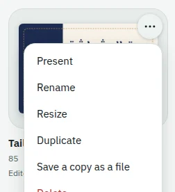 A design in the list of designs, with its menu open: rename, duplicate, save a copy as a file, delete.