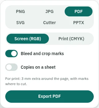 لوحة التصدير وقد اختير فيها PDF مع تفعيل خيار النزف وعلامات القص.